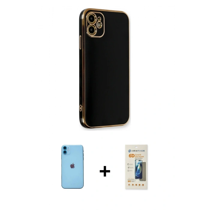 MARSİLYAN™- iPhone 11 Kılıf Yankı Serisi - Siyah 6D Mat Seramik Hayalet Nano Ekran Koruyucu + Neon Fosforlu Kamera Lens - MI