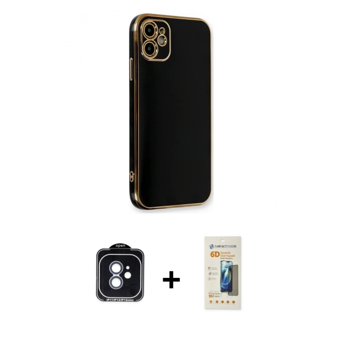 MARSİLYAN™- iPhone 11 Kılıf Yankı Serisi - Siyah 6D Mat Seramik Hayalet Nano Ekran Koruyucu + PVD Metal Kamera Lens - MI
