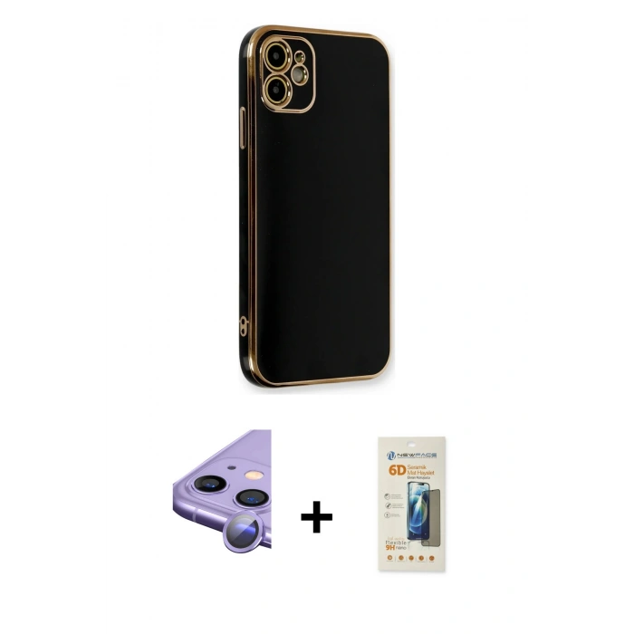 MARSİLYAN™- iPhone 11 Kılıf Yankı Serisi - Siyah 6D Mat Seramik Hayalet Nano Ekran Koruyucu + Raze Metal Kamera Lens - MR