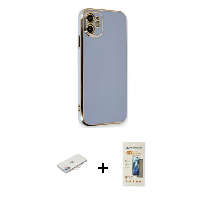 MARSİLYAN™- iPhone 11 Kılıf Yankı Serisi - Siyah 6D Mat Seramik Hayalet Nano Ekran Koruyucu + Renkli Kamera Lens Koruma Cam - PE