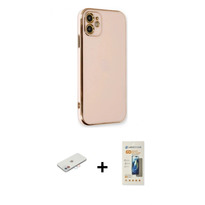 MARSİLYAN™- iPhone 11 Kılıf Yankı Serisi - Siyah 6D Mat Seramik Hayalet Nano Ekran Koruyucu + Renkli Kamera Lens Koruma Cam - PE