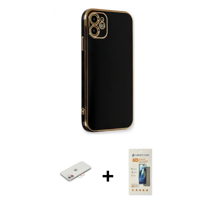 MARSİLYAN™- iPhone 11 Kılıf Yankı Serisi - Siyah 6D Mat Seramik Hayalet Nano Ekran Koruyucu + Renkli Kamera Lens Koruma Cam - PE
