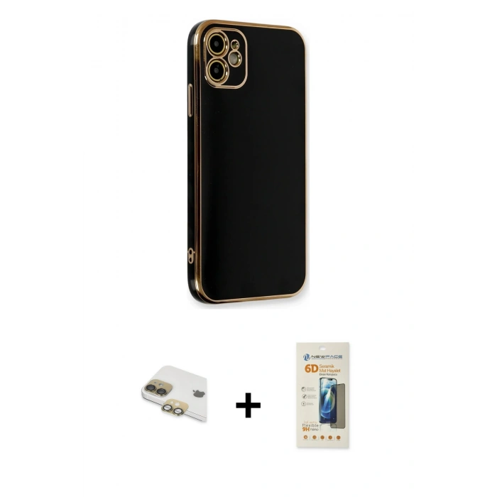 MARSİLYAN™- iPhone 11 Kılıf Yankı Serisi - Siyah 6D Mat Seramik Hayalet Nano Ekran Koruyucu + Pers Alüminyum Kamera Lens - GD