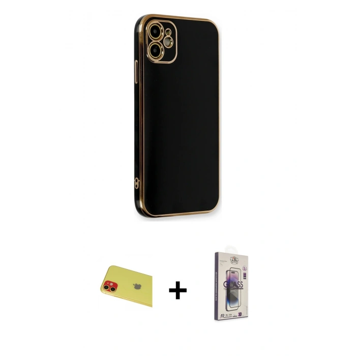 MARSİLYAN™- iPhone 11 Kılıf Yankı Serisi - Siyah Bilvis 3D Cam Ekran Koruyucu + Rainbow Kamera Lens Koruma Cam - KI
