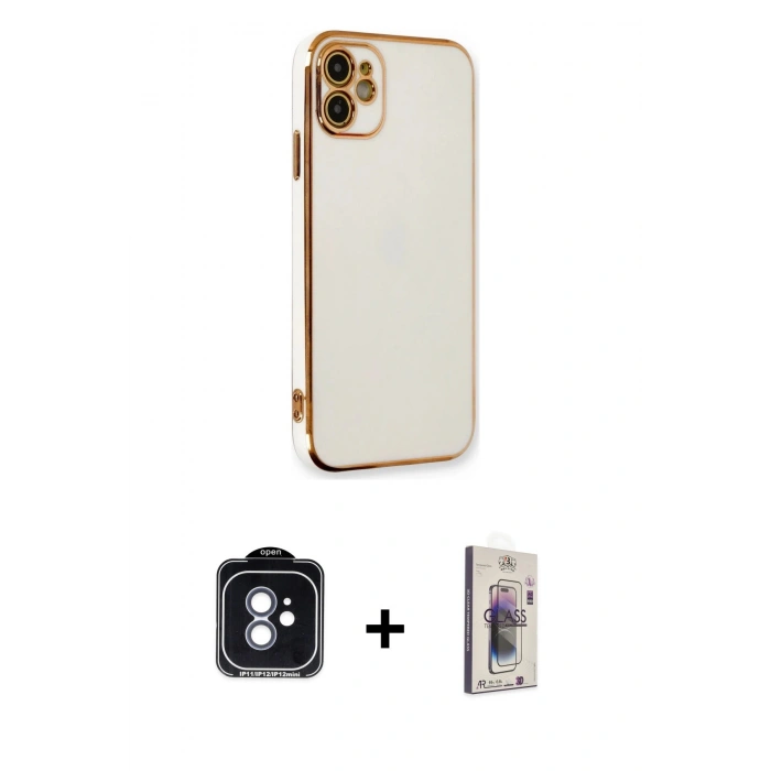 MARSİLYAN™- iPhone 11 Kılıf Yankı Serisi - Siyah Bilvis 3D Cam Ekran Koruyucu + PVD Metal Kamera Lens - MI