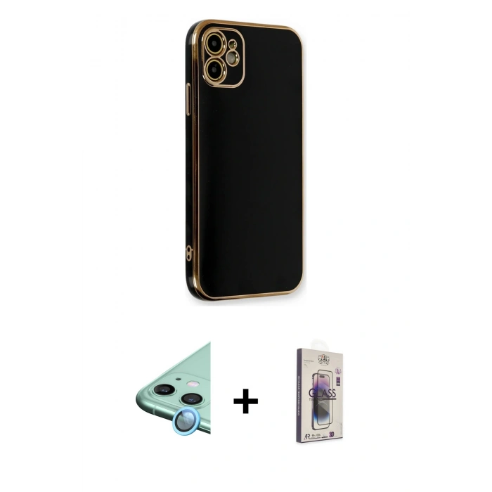 MARSİLYAN™- iPhone 11 Kılıf Yankı Serisi - Siyah Bilvis 3D Cam Ekran Koruyucu + Raze Metal Kamera Lens - MI