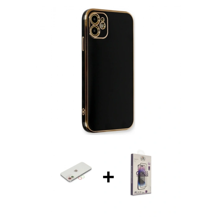 MARSİLYAN™- iPhone 11 Kılıf Yankı Serisi - Siyah Bilvis 3D Cam Ekran Koruyucu + Renkli Kamera Lens Koruma Cam - YL