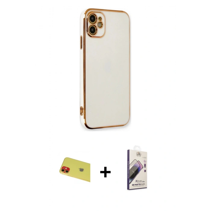 MARSİLYAN™- iPhone 11 Kılıf Yankı Serisi - Siyah Bilvis 3D Mat Cam Ekran Koruyucu + Rainbow Kamera Lens Koruma Cam - KI