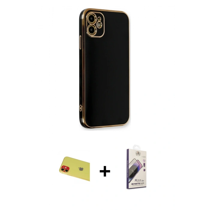 MARSİLYAN™- iPhone 11 Kılıf Yankı Serisi - Siyah Bilvis 3D Mat Cam Ekran Koruyucu + Rainbow Kamera Lens Koruma Cam - KI