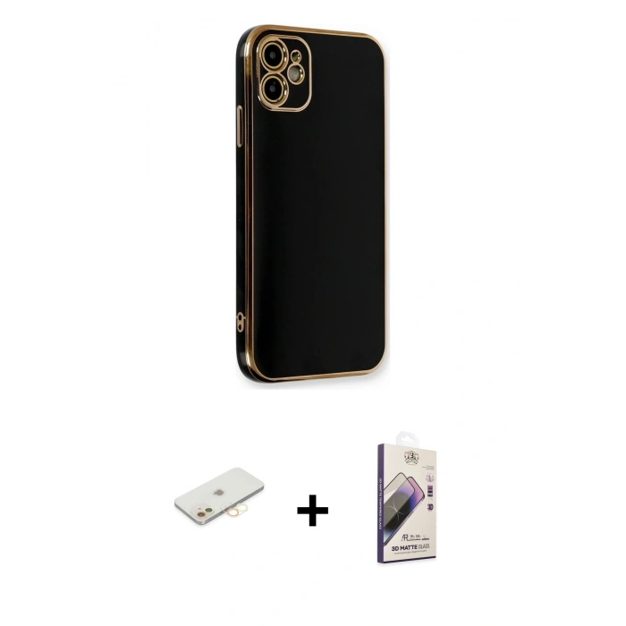 MARSİLYAN™- iPhone 11 Kılıf Yankı Serisi - Siyah Bilvis 3D Mat Cam Ekran Koruyucu + Renkli Kamera Lens Koruma Cam - SI