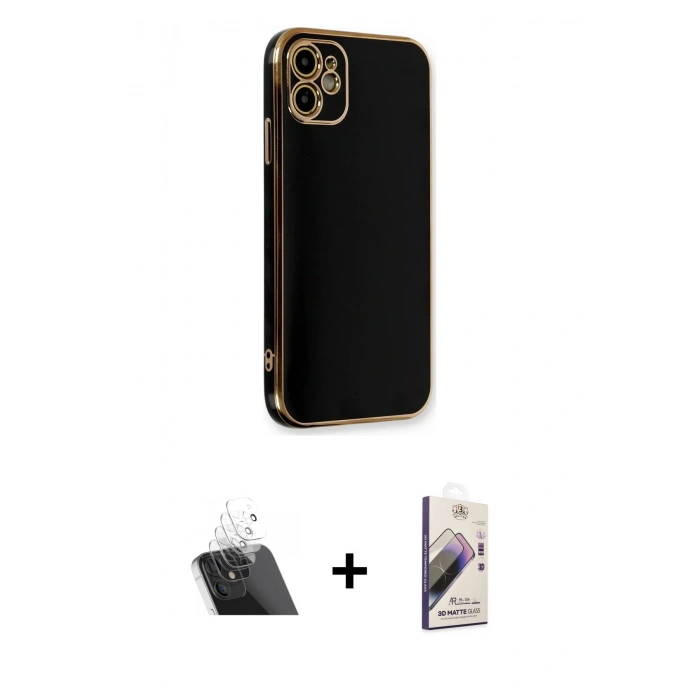 MARSİLYAN™- iPhone 11 Kılıf Yankı Serisi - Siyah Bilvis 3D Mat Cam Ekran Koruyucu + Kamera Lens Koruma Cam - SF