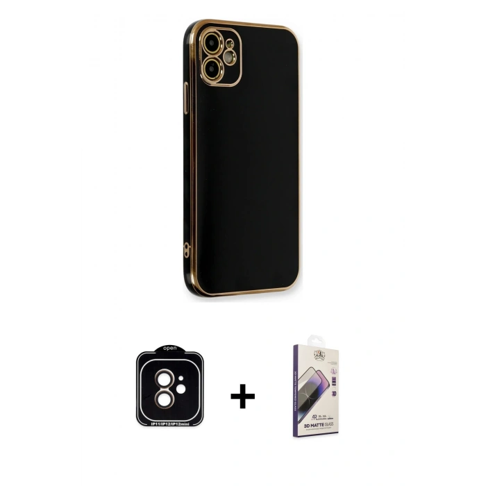 MARSİLYAN™- iPhone 11 Kılıf Yankı Serisi - Siyah Bilvis 3D Mat Cam Ekran Koruyucu + PVD Metal Kamera Lens - TU