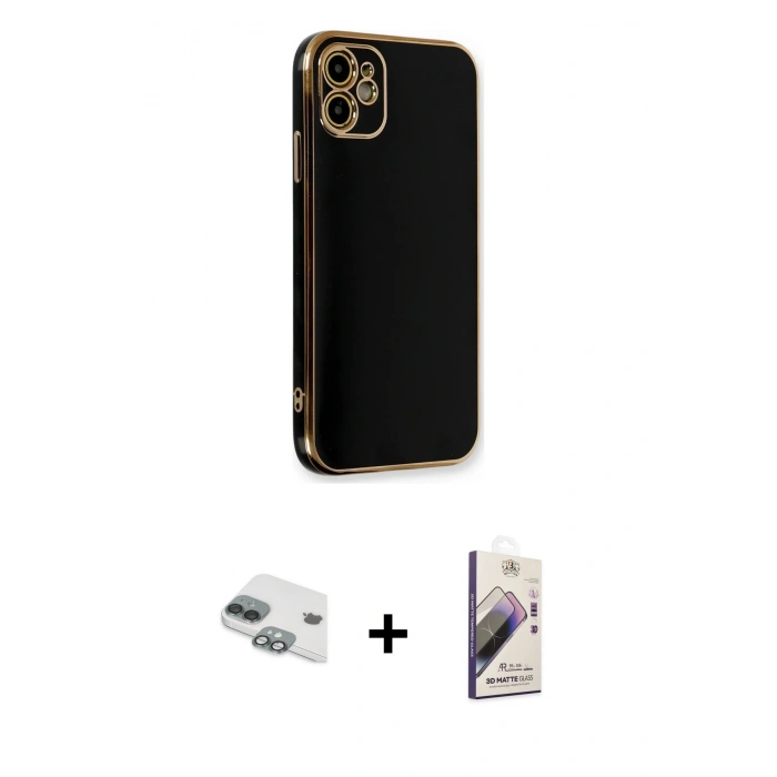 MARSİLYAN™- iPhone 11 Kılıf Yankı Serisi - Siyah Bilvis 3D Mat Cam Ekran Koruyucu + Pers Alüminyum Kamera Lens - YL