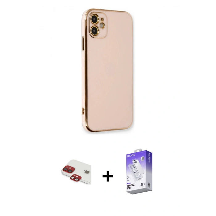 MARSİLYAN™- iPhone 11 Kılıf Yankı Serisi - Siyah Bilvis 5in1 3D Magic Cam Ekran Koruyucu + Kırmızı Pers Alüminyum Kamera Lens