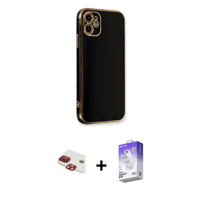 MARSİLYAN™- iPhone 11 Kılıf Yankı Serisi - Siyah Bilvis 5in1 3D Magic Cam Ekran Koruyucu + Kırmızı Pers Alüminyum Kamera Lens