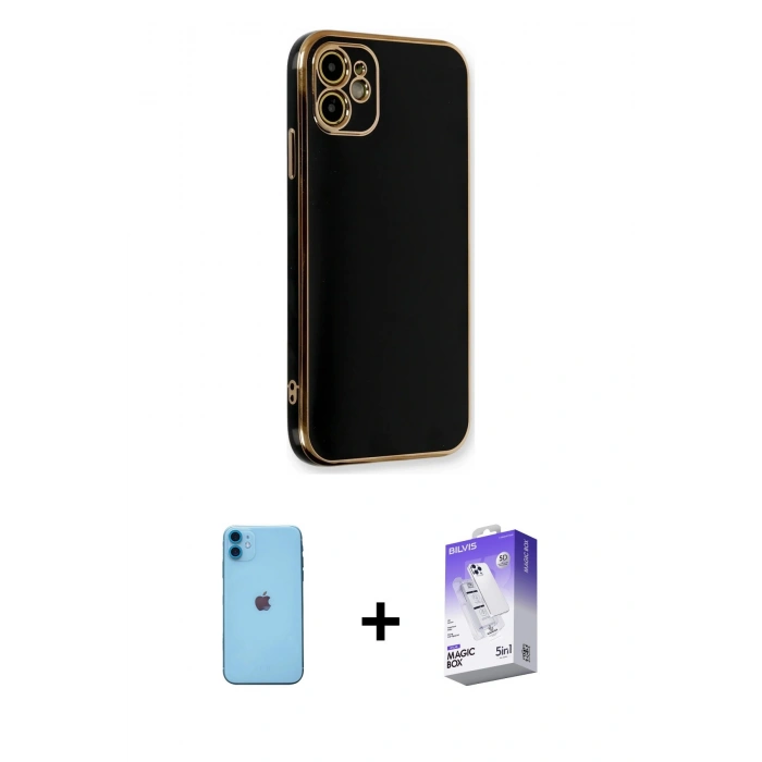 MARSİLYAN™- iPhone 11 Kılıf Yankı Serisi - Siyah Bilvis 5in1 3D Magic Cam Ekran Koruyucu + Neon Fosforlu Kamera Lens - MI