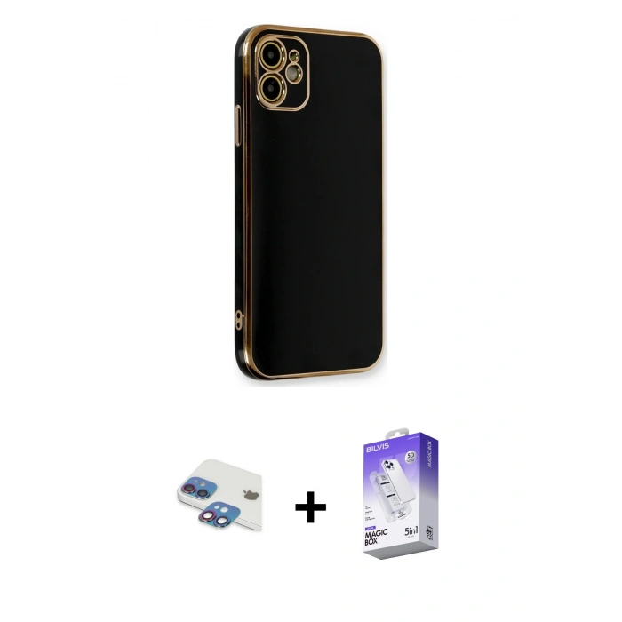 MARSİLYAN™- iPhone 11 Kılıf Yankı Serisi - Siyah Bilvis 5in1 3D Magic Cam Ekran Koruyucu + Pers Alüminyum Kamera Lens - GI
