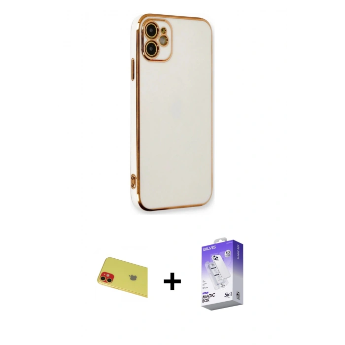 MARSİLYAN™- iPhone 11 Kılıf Yankı Serisi - Siyah Bilvis 5in1 3D Magic Cam Ekran Koruyucu + Rainbow Kamera Lens Koruma Cam - KI