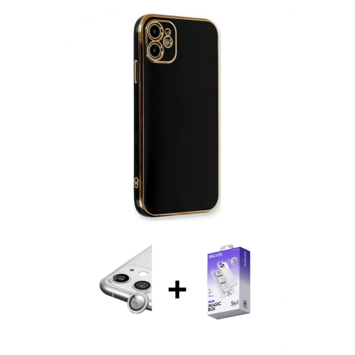 MARSİLYAN™- iPhone 11 Kılıf Yankı Serisi - Siyah Bilvis 5in1 3D Magic Cam Ekran Koruyucu + Raze Metal Kamera Lens - GS
