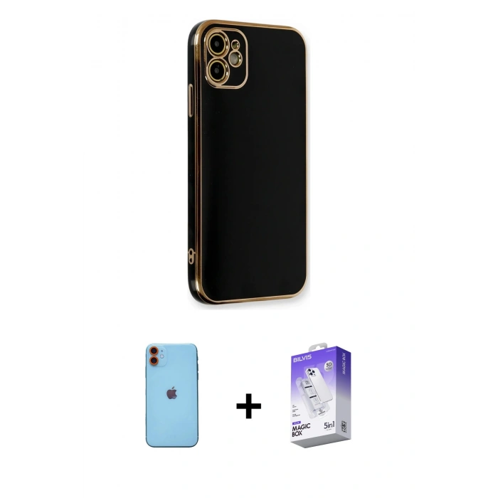 MARSİLYAN™- iPhone 11 Kılıf Yankı Serisi - Siyah Bilvis 5in1 3D Magic Cam Ekran Koruyucu + Neon Fosforlu Kamera Lens - TU