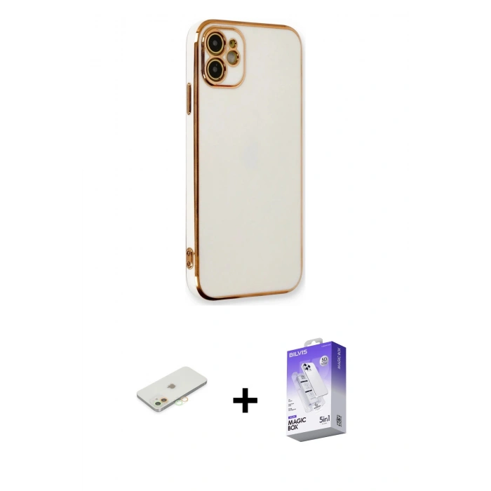 MARSİLYAN™- iPhone 11 Kılıf Yankı Serisi - Siyah Bilvis 5in1 3D Magic Cam Ekran Koruyucu + Renkli Kamera Lens Koruma Cam - TU