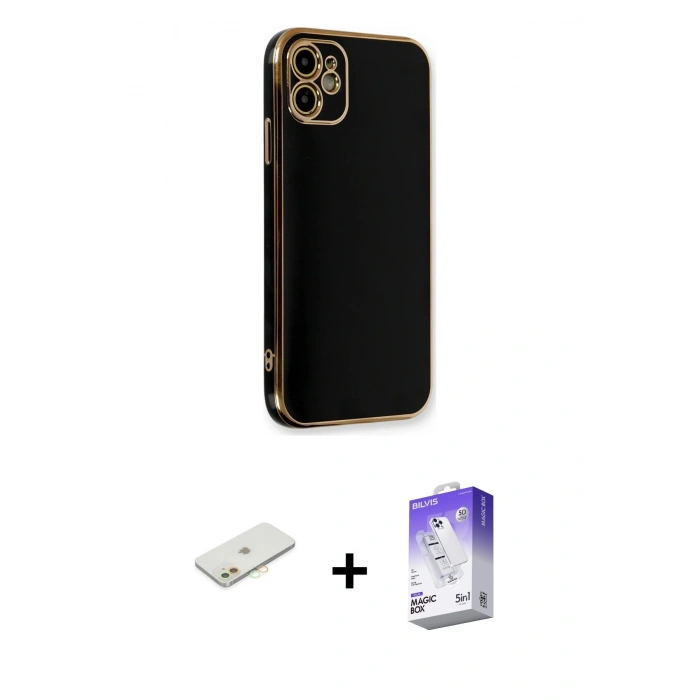 MARSİLYAN™- iPhone 11 Kılıf Yankı Serisi - Siyah Bilvis 5in1 3D Magic Cam Ekran Koruyucu + Renkli Kamera Lens Koruma Cam - TU