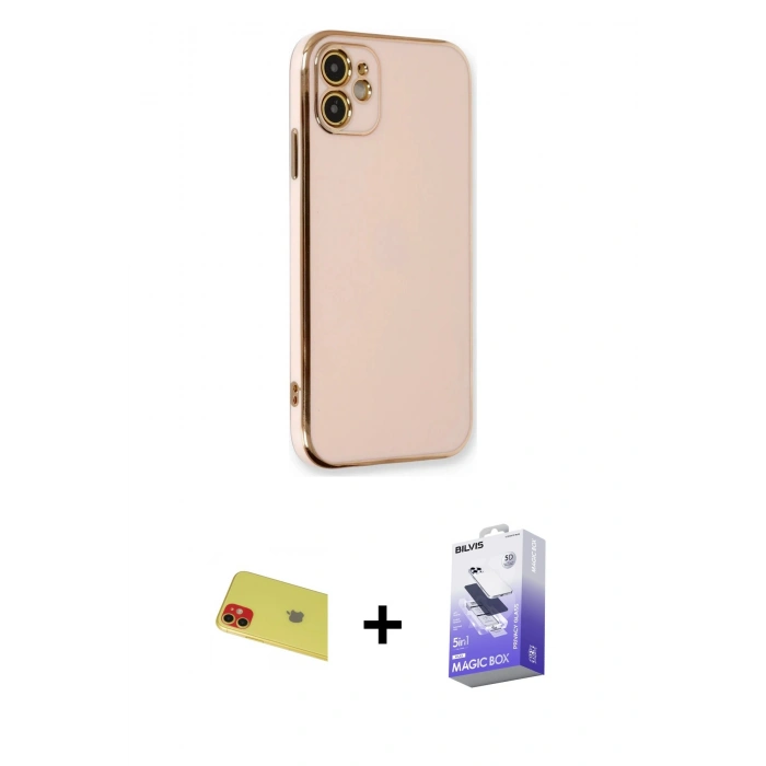 MARSİLYAN™- iPhone 11 Kılıf Yankı Serisi - Siyah Bilvis 5in1 5D Magic Hayalet Cam Ekran Koruyucu + Rainbow Kamera Lens Koruma Cam - KI