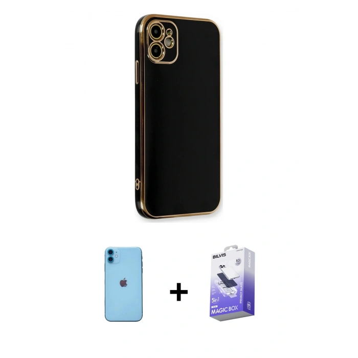 MARSİLYAN™- iPhone 11 Kılıf Yankı Serisi - Siyah Bilvis 5in1 5D Magic Hayalet Cam Ekran Koruyucu + Neon Fosforlu Kamera Lens - MI