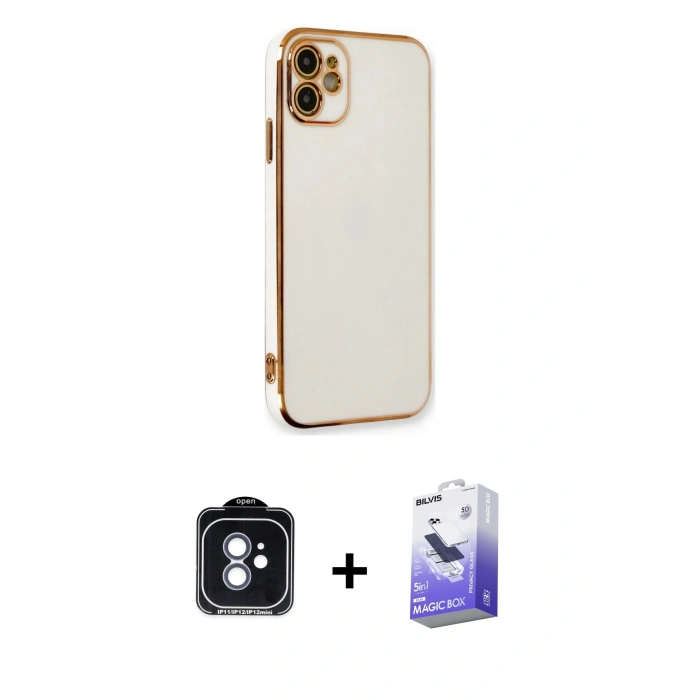 MARSİLYAN™- iPhone 11 Kılıf Yankı Serisi - Siyah Bilvis 5in1 5D Magic Hayalet Cam Ekran Koruyucu + PVD Metal Kamera Lens - MI