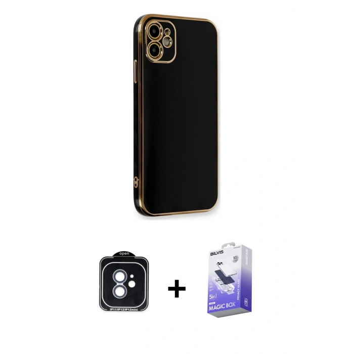 MARSİLYAN™- iPhone 11 Kılıf Yankı Serisi - Siyah Bilvis 5in1 5D Magic Hayalet Cam Ekran Koruyucu + PVD Metal Kamera Lens - MI