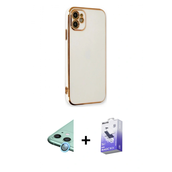 MARSİLYAN™- iPhone 11 Kılıf Yankı Serisi - Siyah Bilvis 5in1 5D Magic Hayalet Cam Ekran Koruyucu + Mavi Raze Metal Kamera Lens