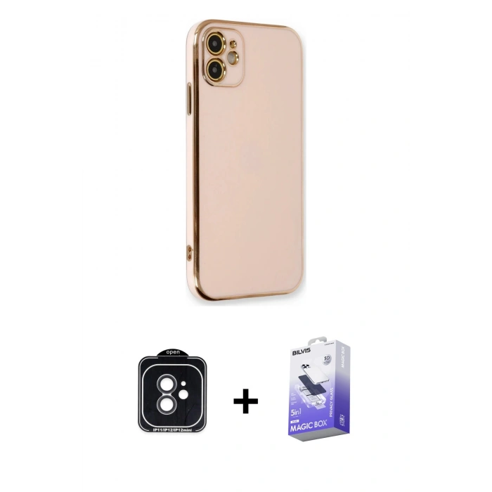 MARSİLYAN™- iPhone 11 Kılıf Yankı Serisi - Siyah Bilvis 5in1 5D Magic Hayalet Cam Ekran Koruyucu + PVD Metal Kamera Lens - SH