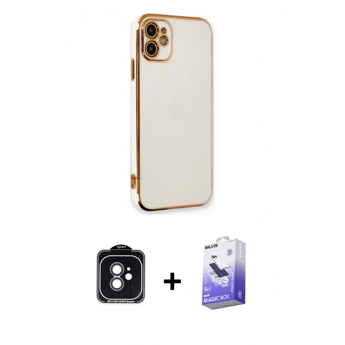 MARSİLYAN™- iPhone 11 Kılıf Yankı Serisi - Siyah Bilvis 5in1 5D Magic Hayalet Cam Ekran Koruyucu + PVD Metal Kamera Lens - SH