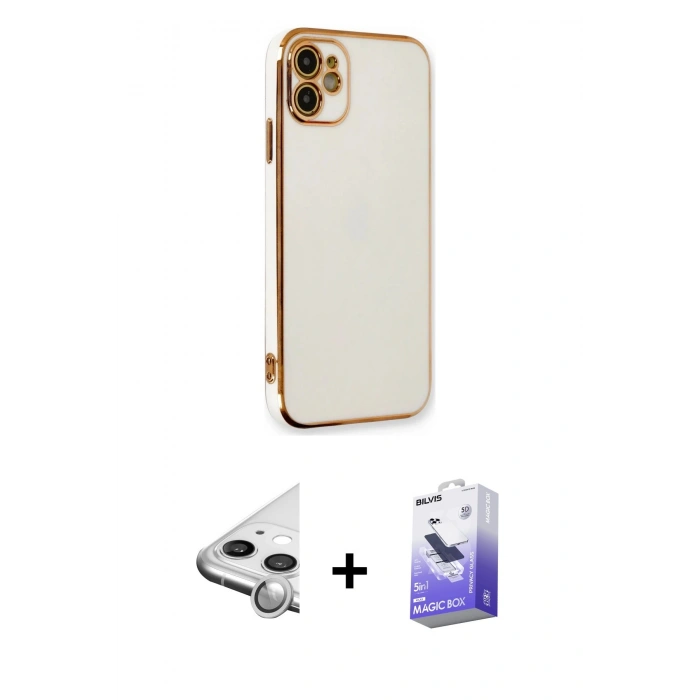 MARSİLYAN™- iPhone 11 Kılıf Yankı Serisi - Siyah Bilvis 5in1 5D Magic Hayalet Cam Ekran Koruyucu + Raze Metal Kamera Lens - GS