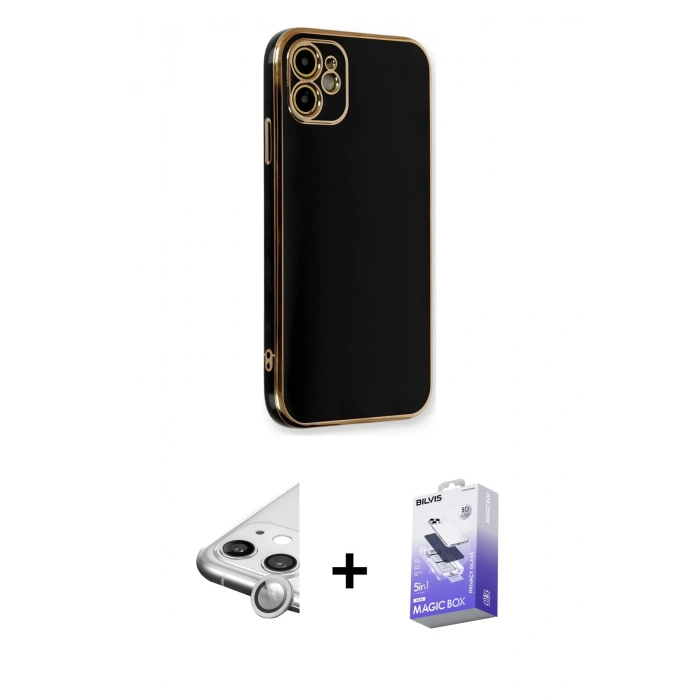 MARSİLYAN™- iPhone 11 Kılıf Yankı Serisi - Siyah Bilvis 5in1 5D Magic Hayalet Cam Ekran Koruyucu + Raze Metal Kamera Lens - GS