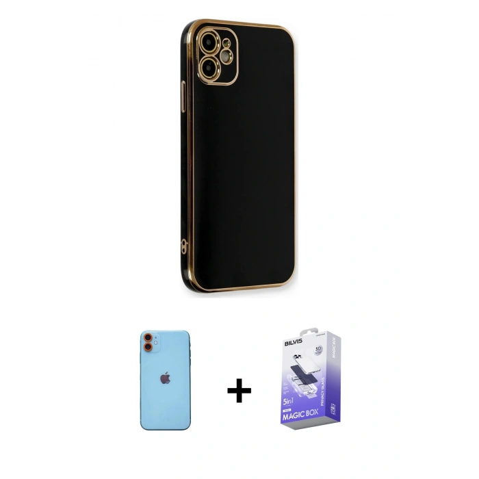 MARSİLYAN™- iPhone 11 Kılıf Yankı Serisi - Siyah Bilvis 5in1 5D Magic Hayalet Cam Ekran Koruyucu + Neon Fosforlu Kamera Lens - TU