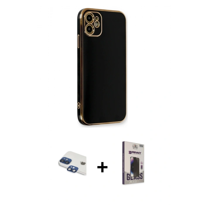 MARSİLYAN™- iPhone 11 Kılıf Yankı Serisi - Siyah Bilvis Hayalet Cam Ekran Koruyucu + Pers Alüminyum Kamera Lens - LT