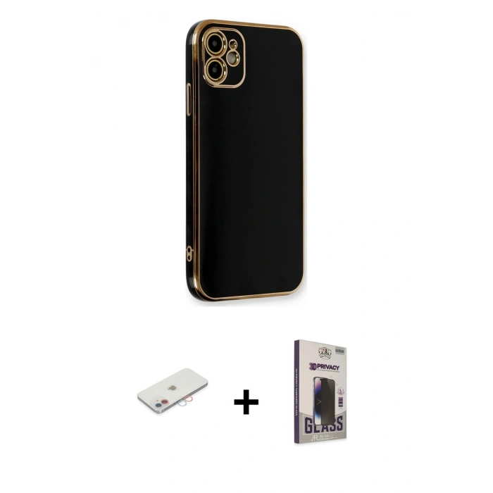 MARSİLYAN™- iPhone 11 Kılıf Yankı Serisi - Siyah Bilvis Hayalet Cam Ekran Koruyucu + Renkli Kamera Lens Koruma Cam - PE