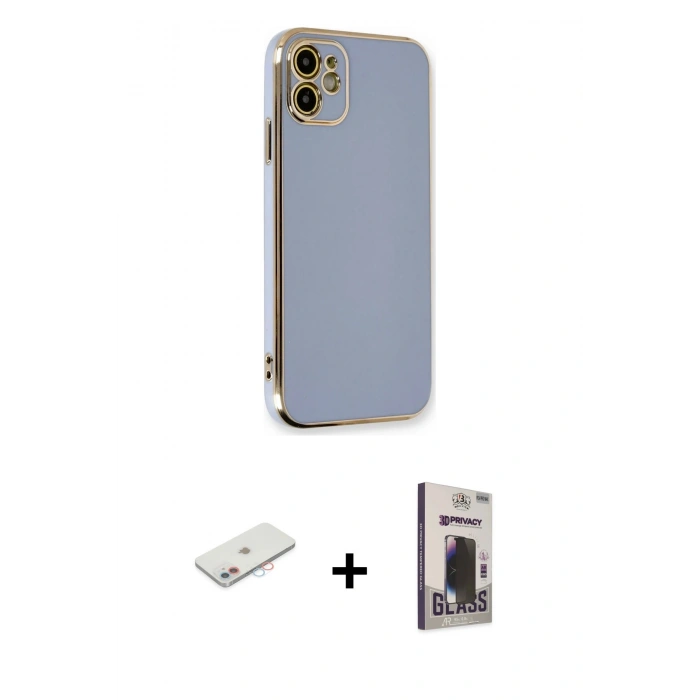 MARSİLYAN™- iPhone 11 Kılıf Yankı Serisi - Siyah Bilvis Hayalet Cam Ekran Koruyucu + Renkli Kamera Lens Koruma Cam - PE