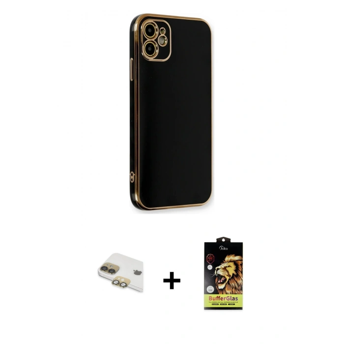 MARSİLYAN™- iPhone 11 Kılıf Yankı Serisi - Siyah Buffer Cam Ekran Koruyucu + Pers Alüminyum Kamera Lens - GD
