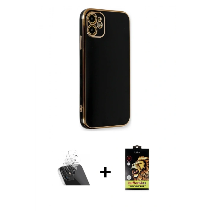 MARSİLYAN™- iPhone 11 Kılıf Yankı Serisi - Siyah Buffer Cam Ekran Koruyucu + Kamera Lens Koruma Cam - SF