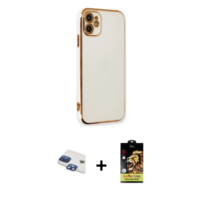 MARSİLYAN™- iPhone 11 Kılıf Yankı Serisi - Siyah Buffer Cam Ekran Koruyucu + Lacivert Pers Alüminyum Kamera Lens