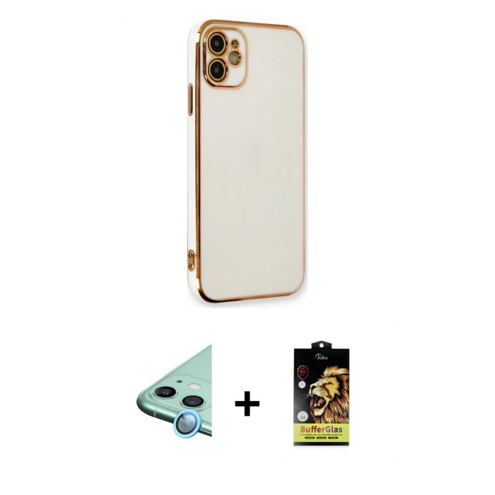 MARSİLYAN™- iPhone 11 Kılıf Yankı Serisi - Siyah Buffer Cam Ekran Koruyucu + Raze Metal Kamera Lens - MI