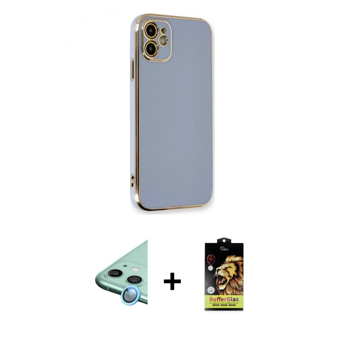 MARSİLYAN™- iPhone 11 Kılıf Yankı Serisi - Siyah Buffer Cam Ekran Koruyucu + Raze Metal Kamera Lens - MI
