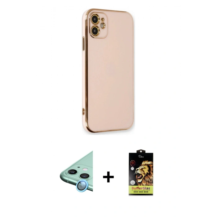 MARSİLYAN™- iPhone 11 Kılıf Yankı Serisi - Siyah Buffer Cam Ekran Koruyucu + Raze Metal Kamera Lens - MI