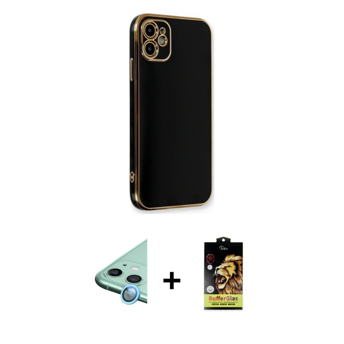 MARSİLYAN™- iPhone 11 Kılıf Yankı Serisi - Siyah Buffer Cam Ekran Koruyucu + Raze Metal Kamera Lens - MI