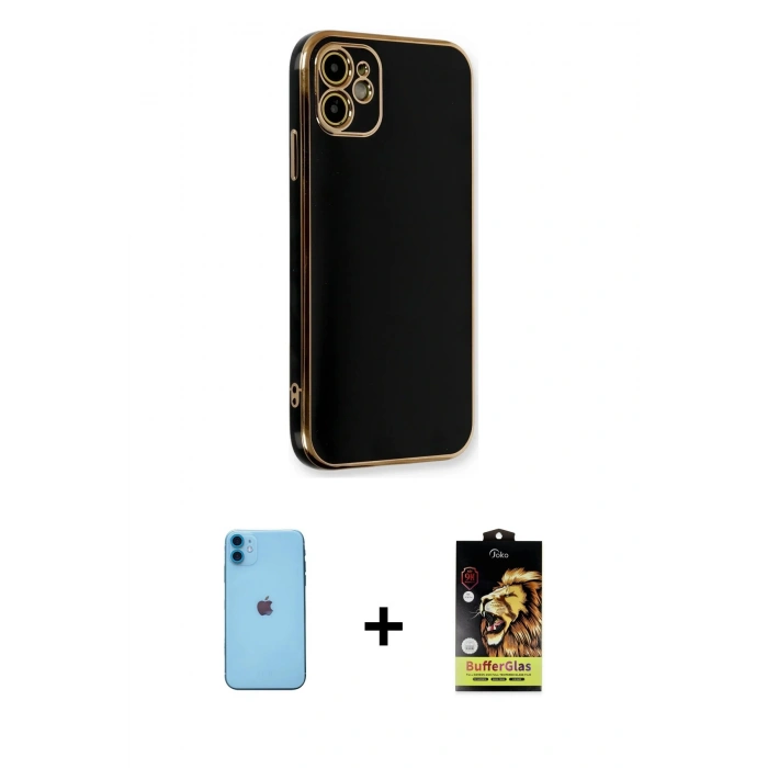 MARSİLYAN™- iPhone 11 Kılıf Yankı Serisi - Siyah Buffer Cam Ekran Koruyucu + Neon Fosforlu Kamera Lens - MI