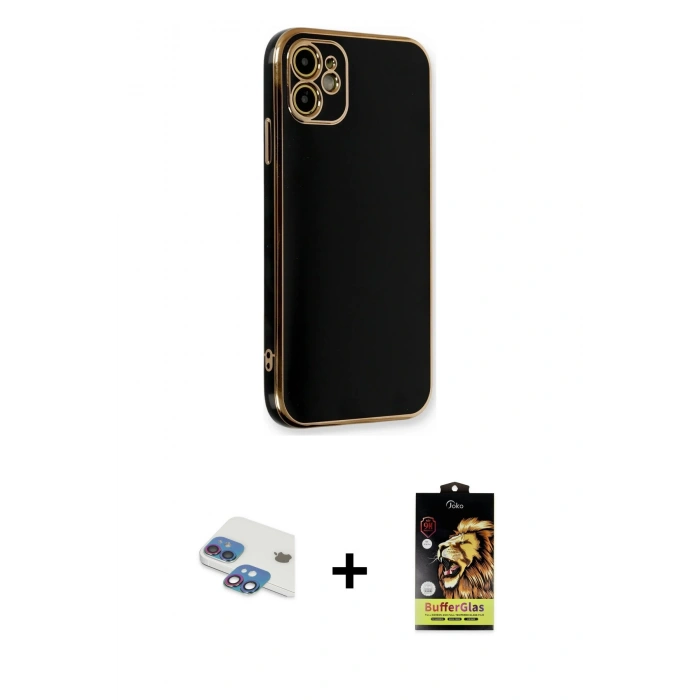 MARSİLYAN™- iPhone 11 Kılıf Yankı Serisi - Siyah Buffer Cam Ekran Koruyucu + Pers Alüminyum Kamera Lens - GI