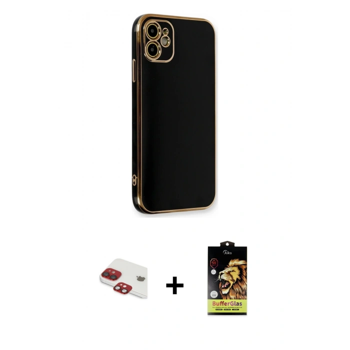 MARSİLYAN™- iPhone 11 Kılıf Yankı Serisi - Siyah Buffer Cam Ekran Koruyucu + Pers Alüminyum Kamera Lens - KI