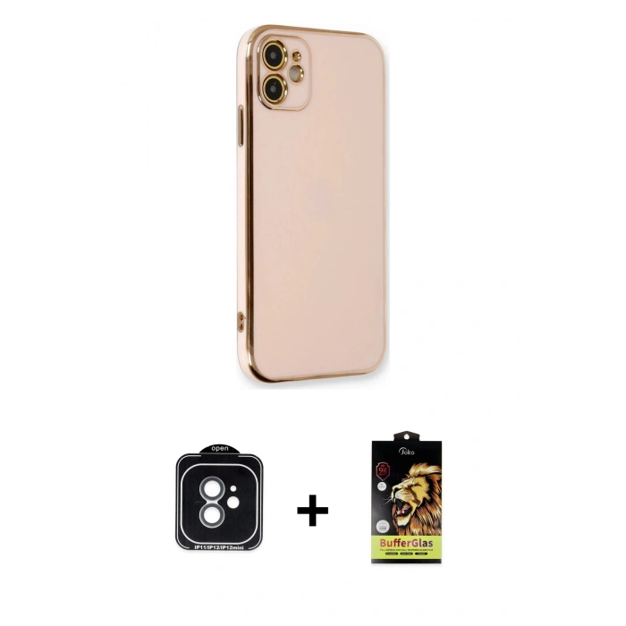 MARSİLYAN™- iPhone 11 Kılıf Yankı Serisi - Siyah Buffer Cam Ekran Koruyucu + PVD Metal Kamera Lens - YL